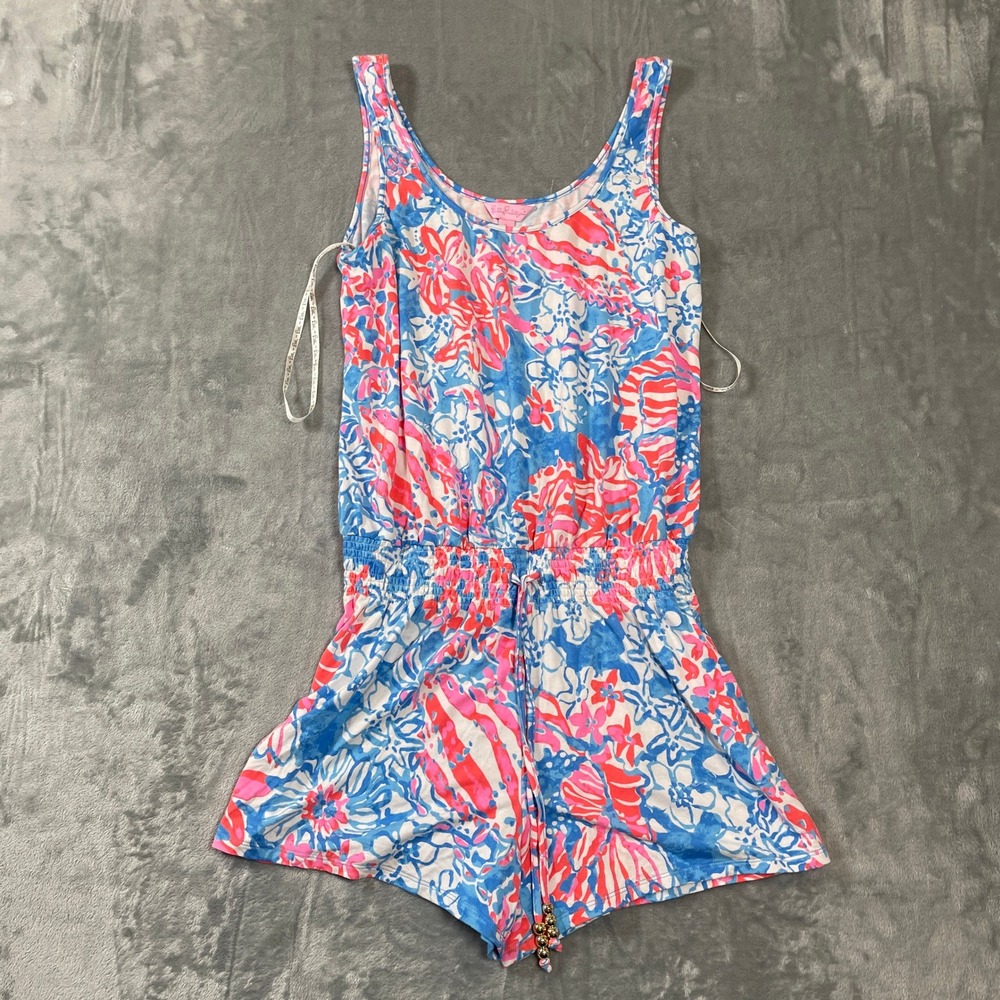 Lilly Pulitzer Romper Small Pink‎ Blue Floral Sleeveless Gold Bead Drawstring